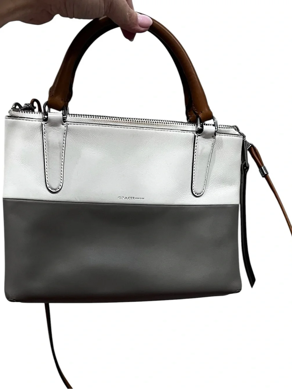 Coach Small Colorblock Leather Crossbody Satchel Gray White Tan Triple Zip Bag